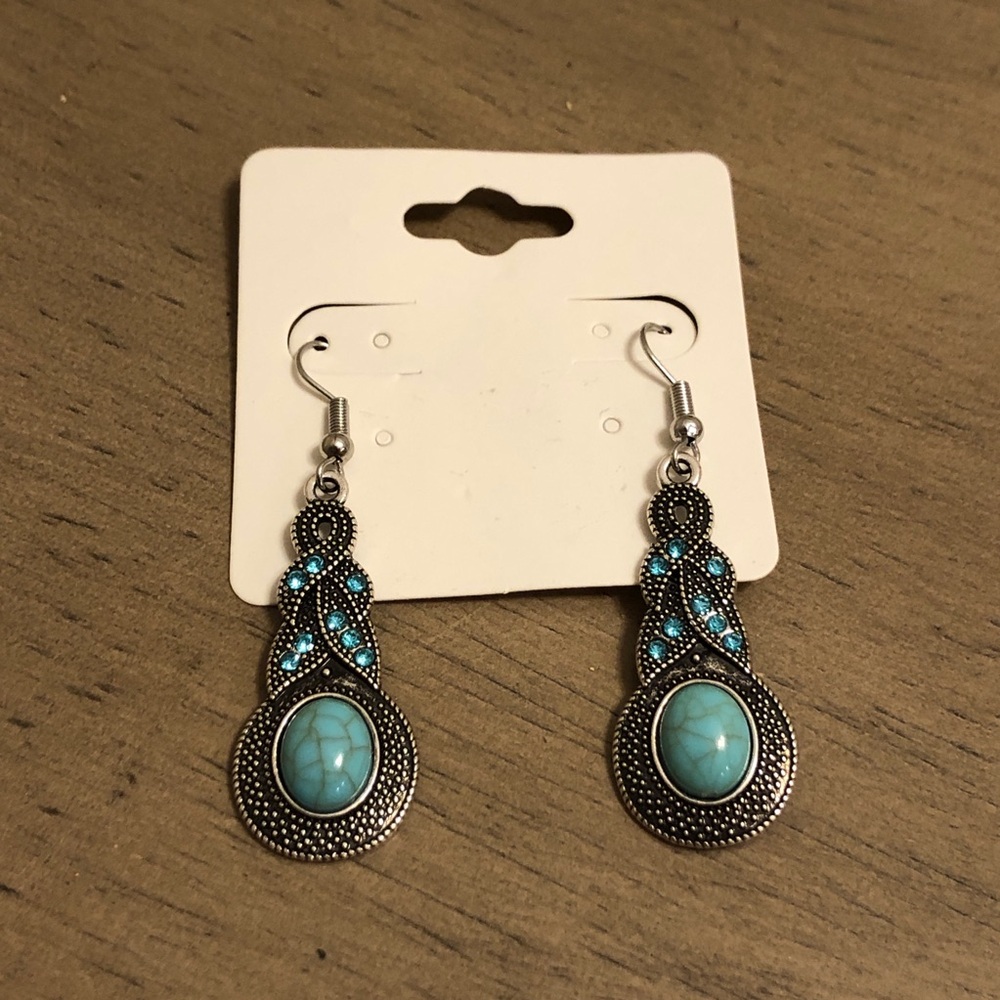 Faux Turquoise Silver Tone Dangle Earrings Fashion Jewelry